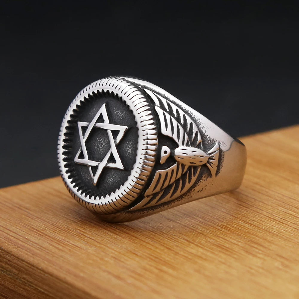 Vintage Punk Star of David Ring Hip Hop Biker Stainless Steel Hexagram With Eagles Rings For Men Women Amulet Jewelry Wholesale