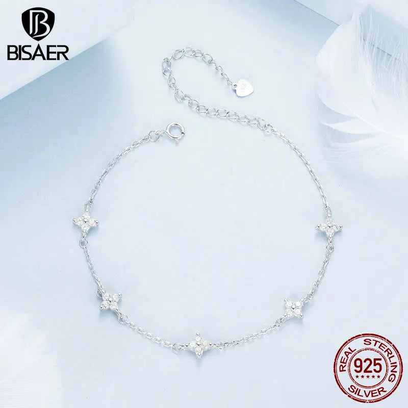 BISAER 925 Sterling Silver Four-Leaf Clover Anklet Simple Shiny Zircon Anklets Plated White Gold For Women Holiday Fine jewelry