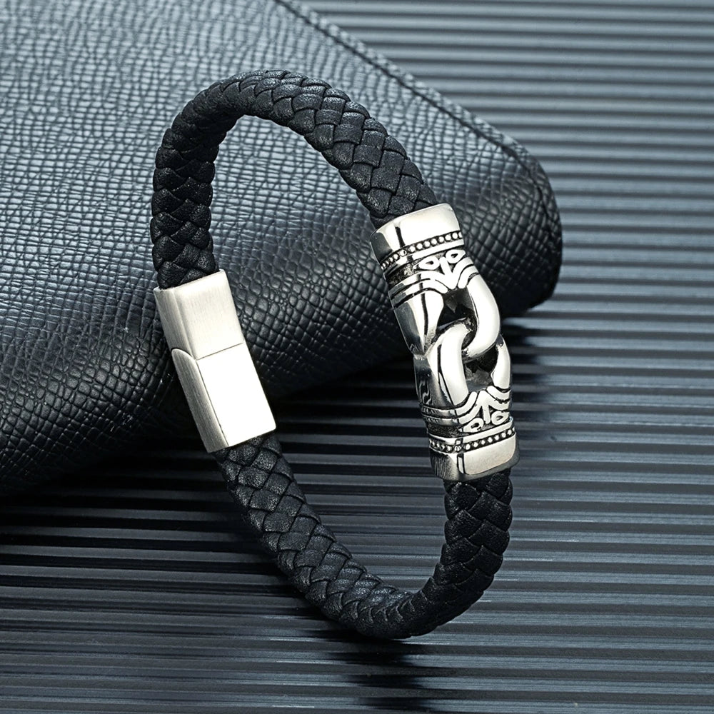 MKENDN Fashion Stainless Steel Magnetic Punk Rock Men Knot Bracelet Genuine Leather Braided Bangles Male Jewelry Accessories