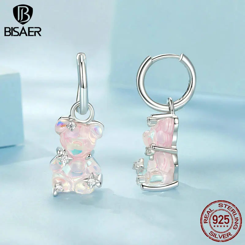 BISAER 925 Sterling Silver Dreamy Bear Open Ring Pink Bear Hoop Earrings Plated White Gold for Women Party Fine Jewelry Set Gift