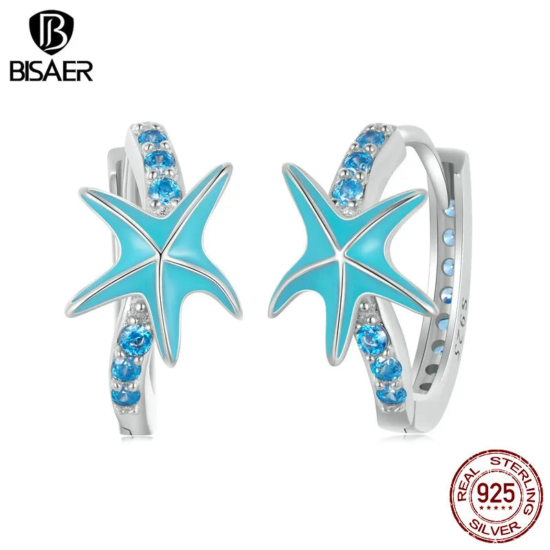 BISAER 925 Sterling Silver Starfish Ear Buckles Blue Zircon Hoop Earrings Platinum Plated for Women Beach Party Fine Jewelry