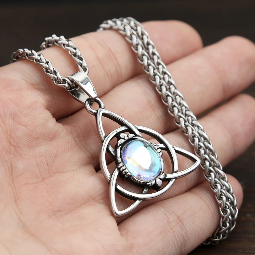 Nordic Vintage Stainless Steel Trinity Knots Pendant Necklaces For Men Women Fashion Opal Necklace Viking Amulet Jewelry Gifts