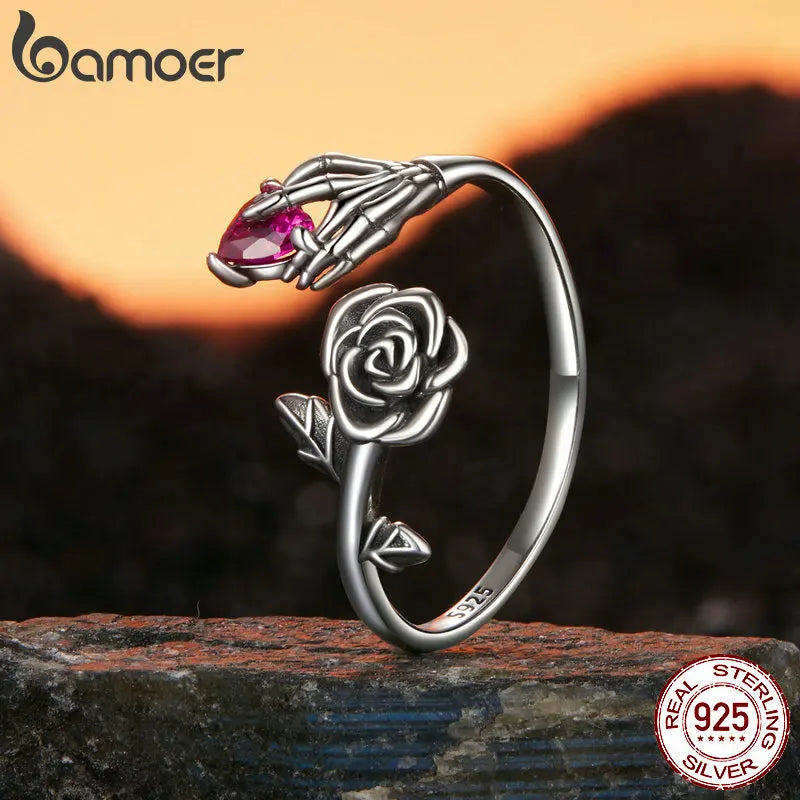 BAMOER Genuine 925 Sterling Silver Rose Skeleton Hand  Open Ring for Women Halloween Silver Finger Ring Fine Jewelry Party Gift