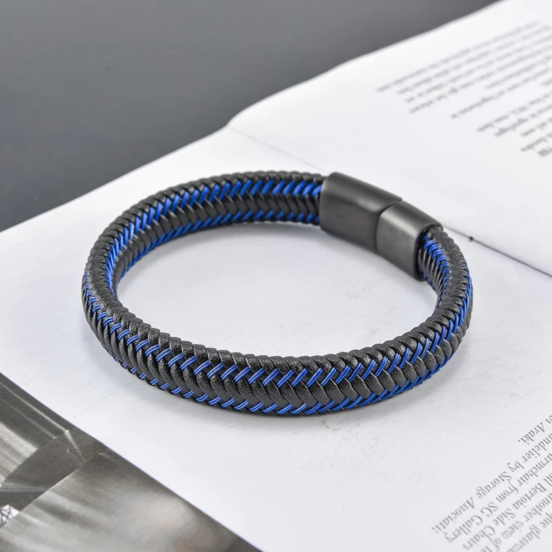 MKENDN Trendy Men Blue Braided Leather Rope Bracelet Black Magnetic Buckle Bracelets Punk Rock Men Wristband Pulsera Hombre