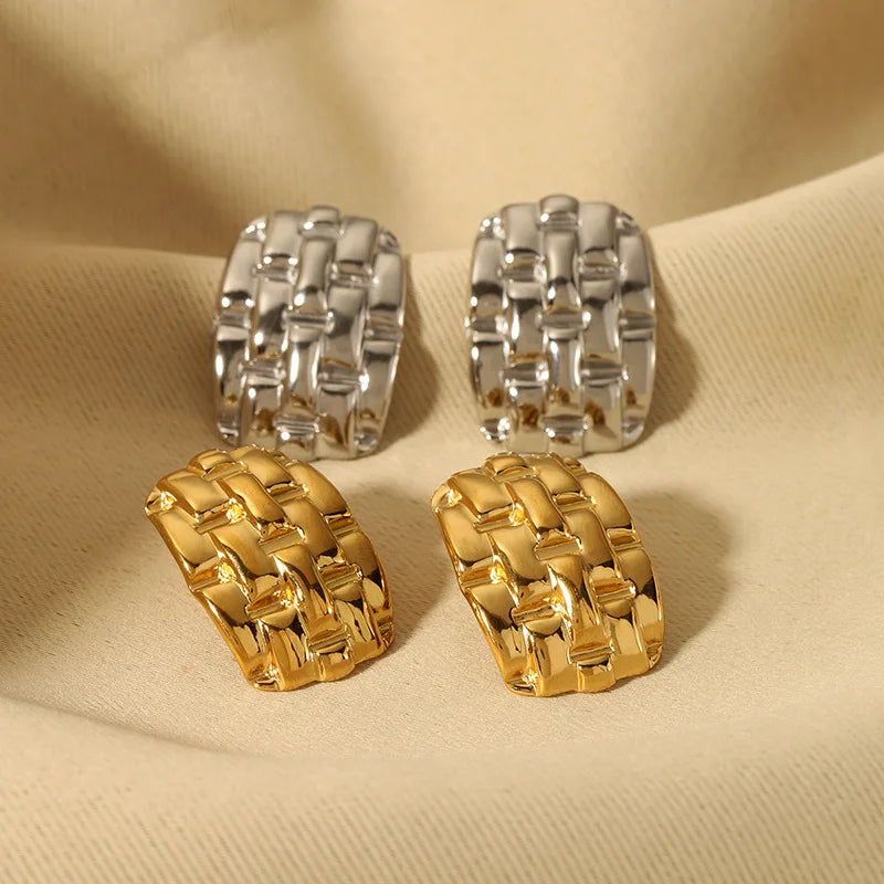 New Stainless Steel Plated 18K Gold Color Geometric Earrings Waterproof Texture Statement Studs for Women Jewelry Gift