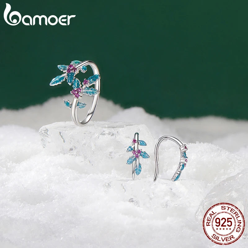 BAMOER 925 Sterling Silver Christmas Holly Stud Earrings for Women Girls Hypoallergenic Huggies Christmas Gift BSE1096