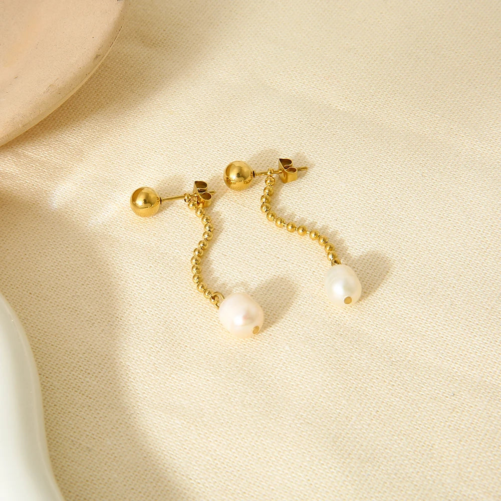 New Trend Stainless Steel Beads Chain Freshwater Pearl Drop Stud Earrings Dainty Dual Purpose Earring Women Jewelry Gift