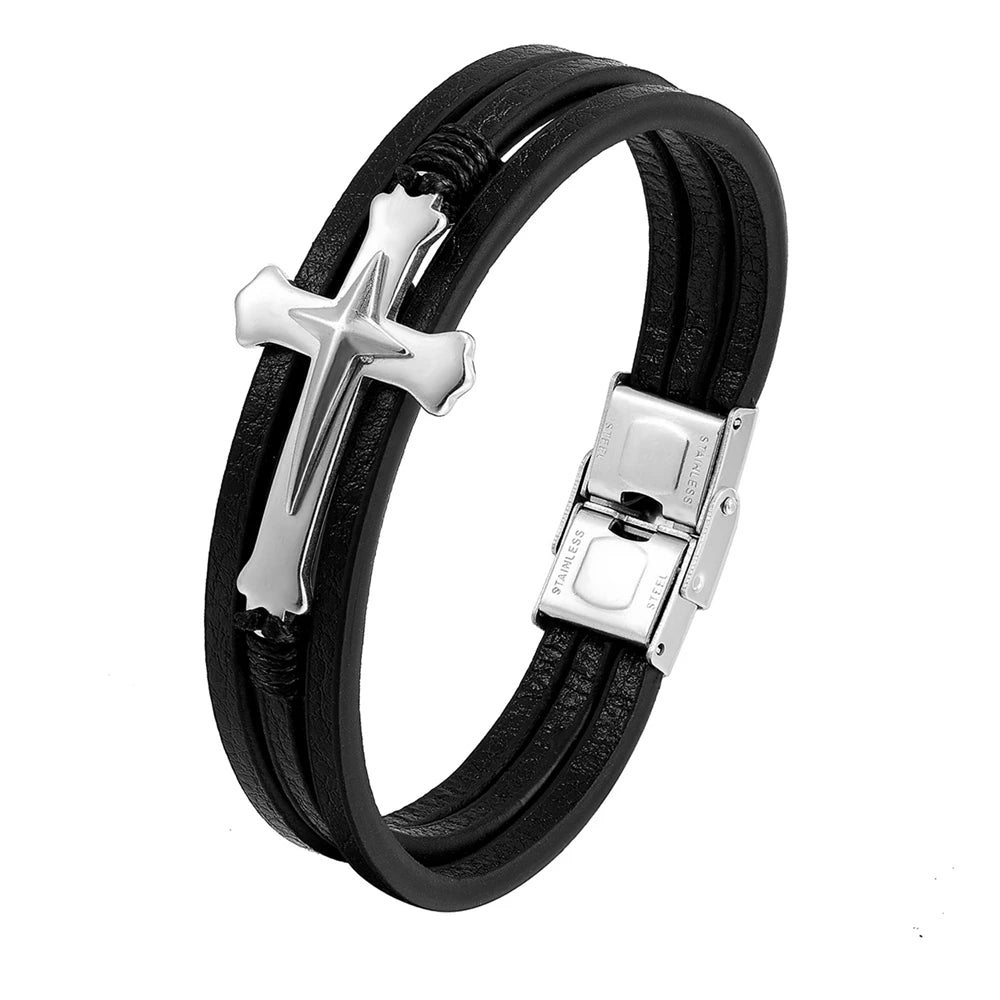 New Punk Stainless Steel Anchor Bracelets Genuine Leather Bracelet & Bangles for Men Bracelet Jewelry Black Color Fashion Gift