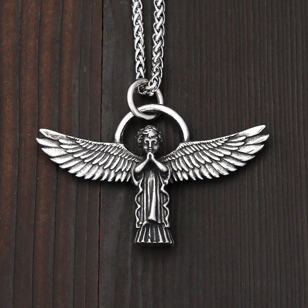 Vintage Stainless Steel Angel Wings Prayer Hands Pendant Necklaces For Men Women Fashion Anniversary Amulet Jewelry Dropshipping