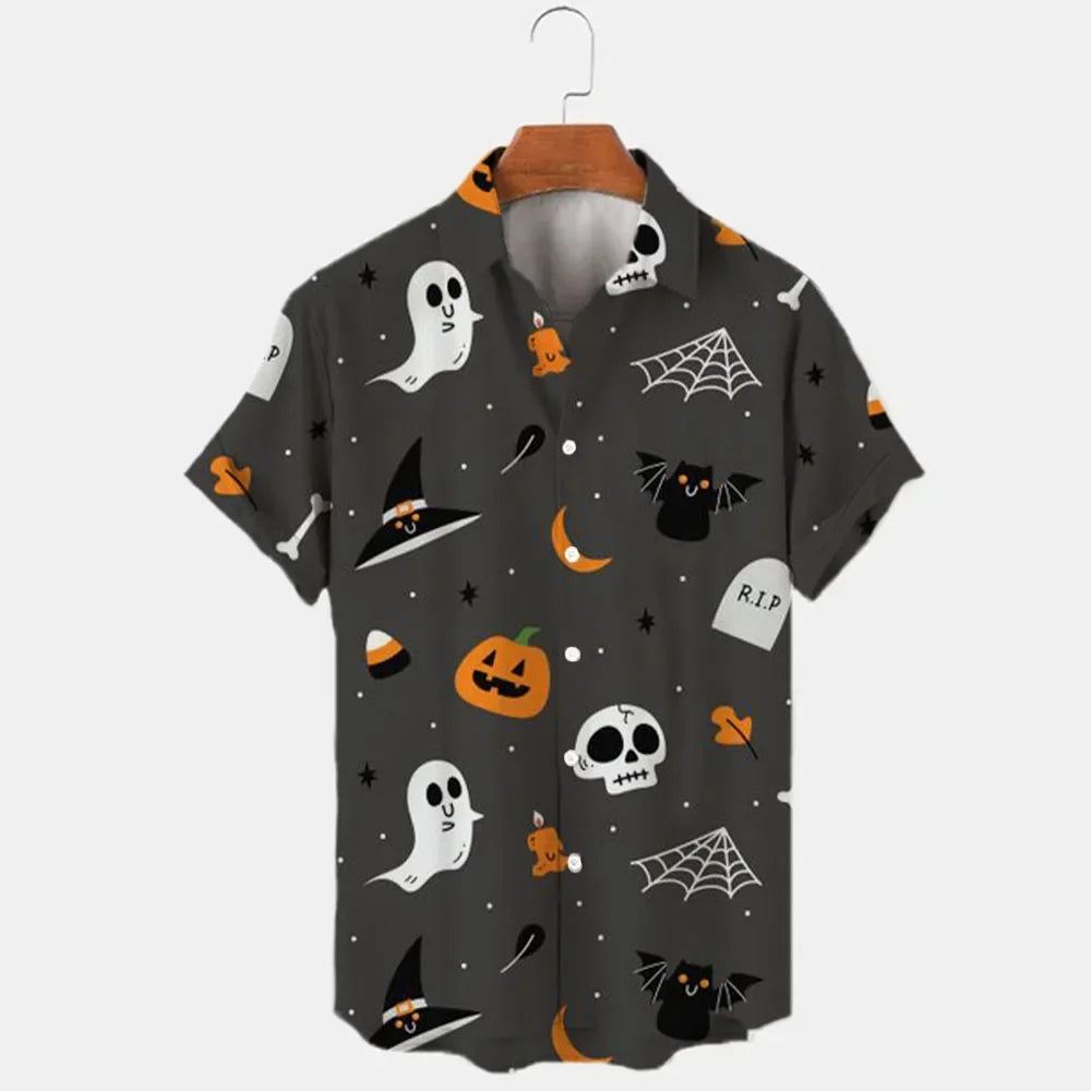 Miniso New Halloween Collection Disney Brand Mickey Anime 3D Printed Men's Lapel Short Sleeve Slim Fit Hawaiian Shirt Y2k