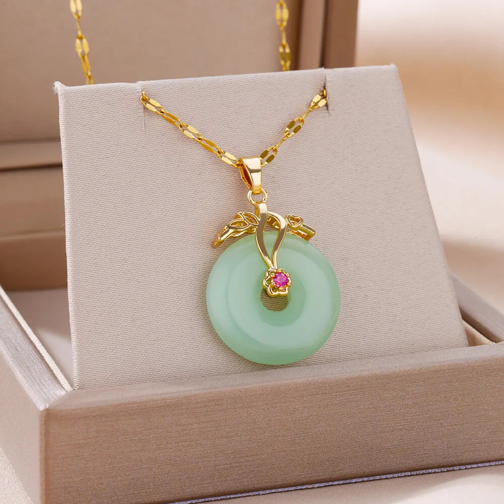 Collier rétro en zircon vert pour femme, couleur or, acier inoxydable, cadenas porte-bonheur, collier rond en jade, bijoux pour enfants, cadeau pour aînés