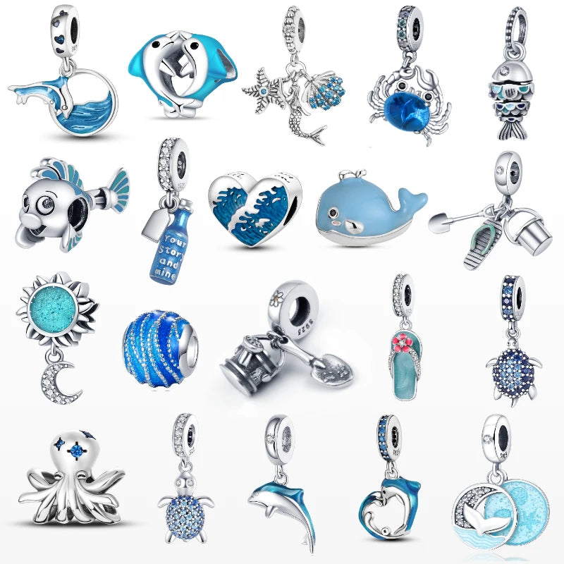 Ocean Charms 925 Sterling Silver Seashell Dolphin Mermaid Tail Blue Charms Fit Pandora Original Bracelet DIY Fashion Jewelry