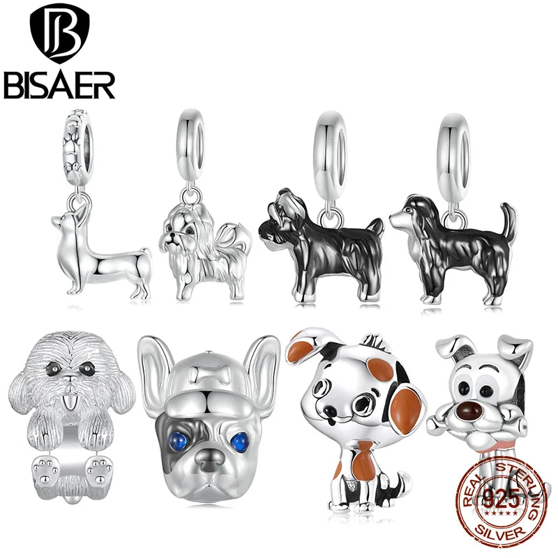 BISAER 925 Sterling Silver Cute Dachshund Charm Bead Schnauzer Corgi Shitzu Pendant Fit Women DIY Bracelet&Necklace Fine Jewelry