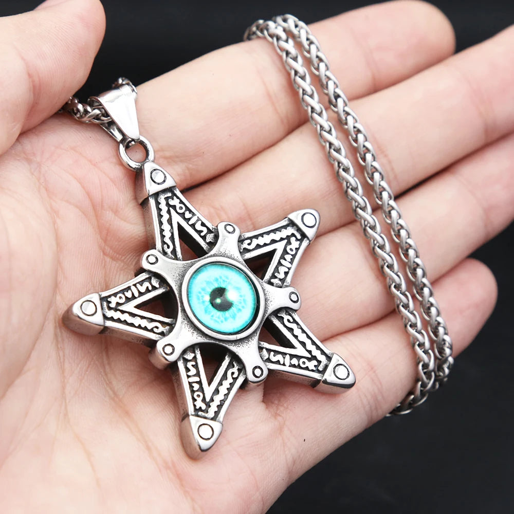 Vintage Pentagram Star Pendant Necklace For Man Stainless Steel Fashion Domineering Devils Eye Necklaces Party Jewelry Wholesale