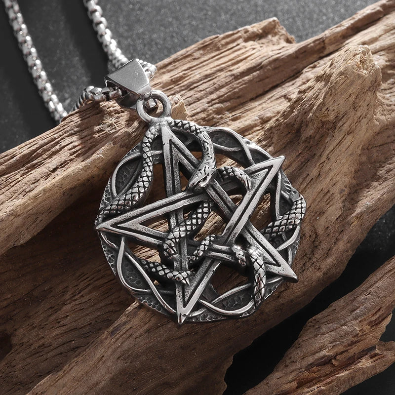 Retro Gothic Snake Coiled Pentagram Pendant Necklace for Mens Cycling Jewelry Punk Rock Exorcism Amulet