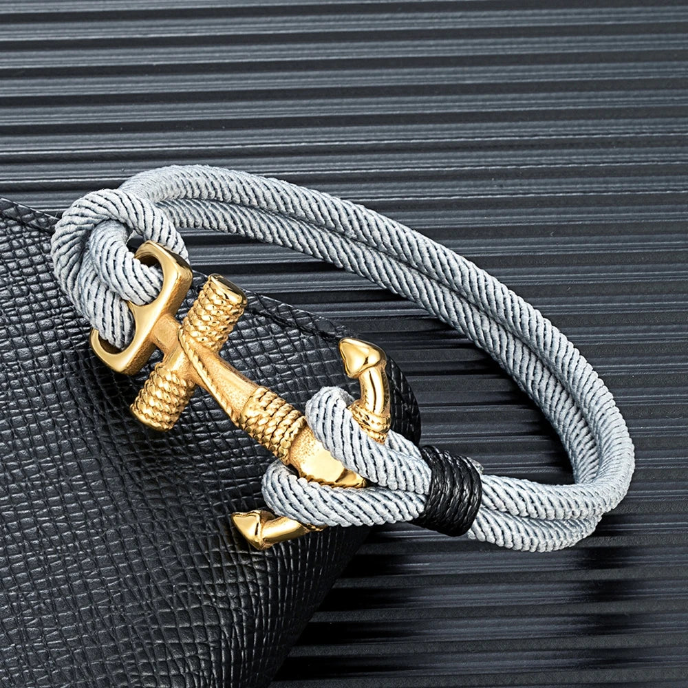 Navy Style Anchor Bracelets for Men Women Double Strand Nautical Surfer Rope Bracelet Gold Plated Stainless Steel Jewelry Gift