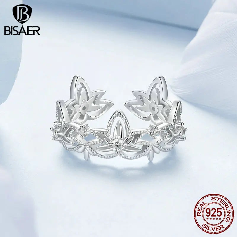 BISAER Real 925 Sterling Silver Lotus Open Ring Flower Band Adjustable Size 5-9 Plated White Gold for Women Party Fine Jewelry