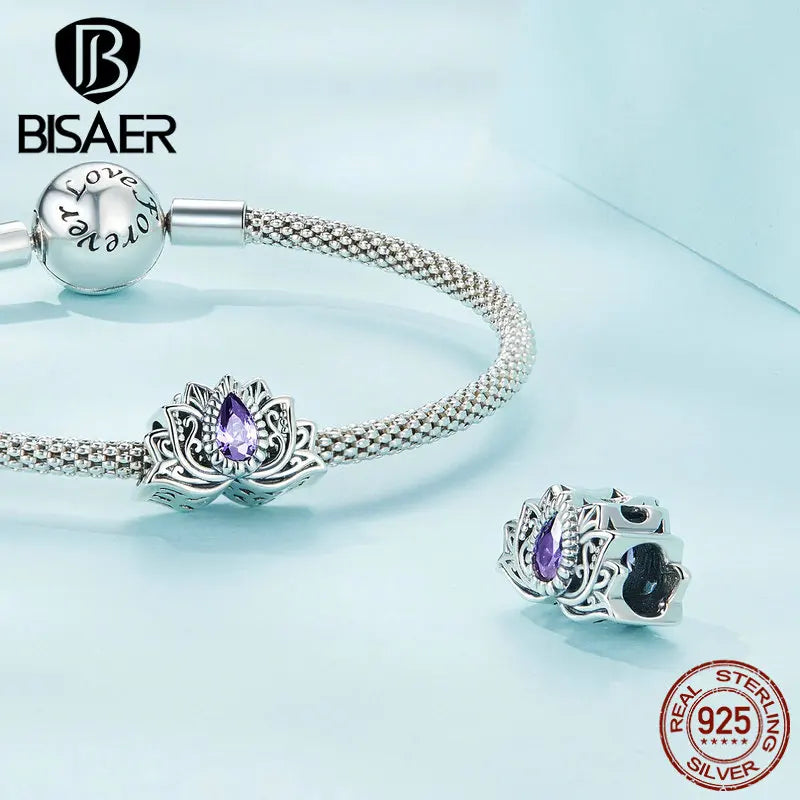 BISAER 925 Charms de plata esterlina Vintage Flor de loto Margarita Rosa Cuentas Colgante de pureza Ajuste DIY Pulsera Collar Joyería fina