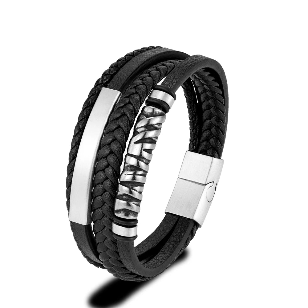 MKENDN Multilayer Stainless Steel Viking Leather Bracelets for Men Braided Bangles Punk Jewelry Homme Accessories