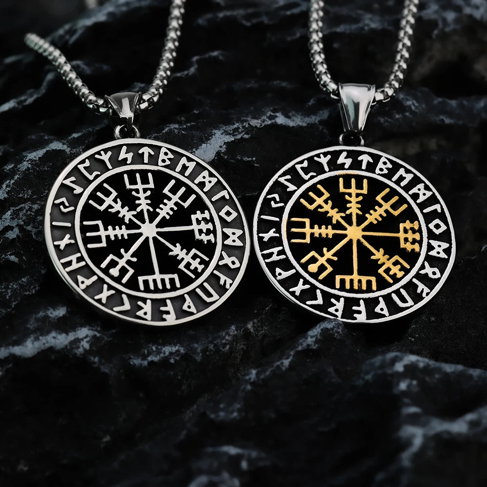 Compass Necklace Viking Metal Disk Pendant Viking Rune Vintage European and American Festival Gift