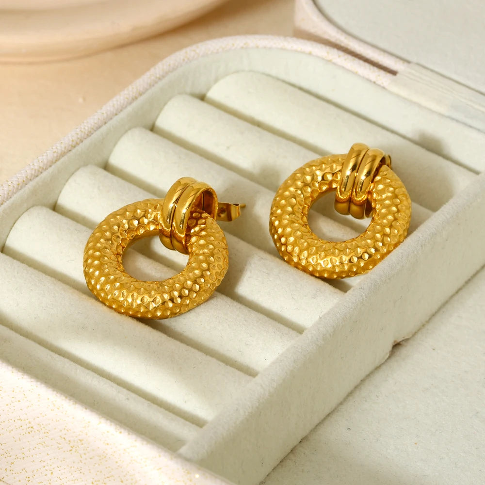 New 18K Gold Plated Stainless Steel Texture Round Studs Earring Waterproof Chunky Bold Earrings Jewelry Bijoux