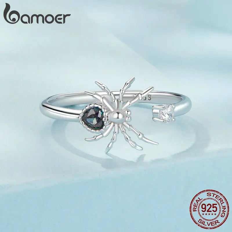 BAMOER Genuine 925 Sterling Silver Spide Open Ring for Women Halloween Finger Ring Fine Jewelry Birthday Gift SCR1071-E