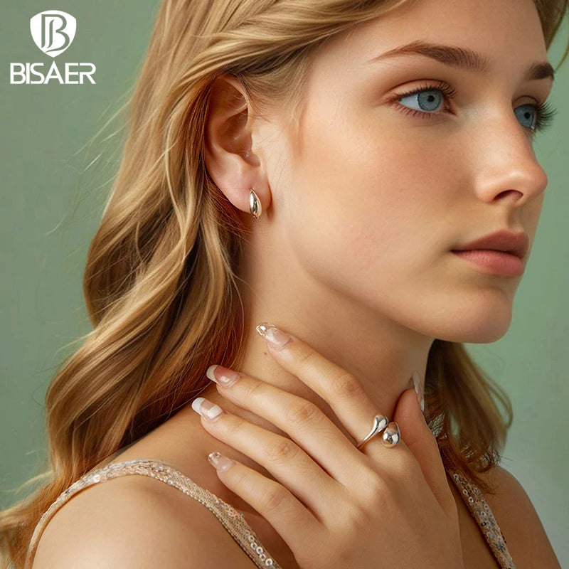 BISAER Bague ouverte en argent sterling 925 en forme de goutte d'eau Boucles d'oreilles créoles simples en forme de goutte d'eau pour femmes élégantes Ensemble de bijoux fins Cadeau