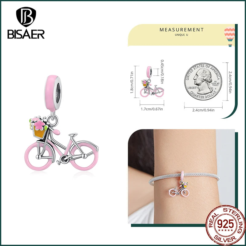 BISAER 925 Sterling Silver Car Charms Perles Bus Electrocar Vélo Émail Pendentif Fit Femme DIY Bracelet Collier Fine Jewelry