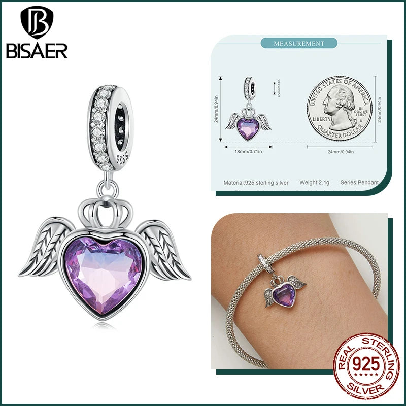 BISAER 925 Sterling Silver Lotus Flower Charm Bead Gradient Purple Crystal Pendant Fit Women DIY Bracelet Necklace Fine Jewelry