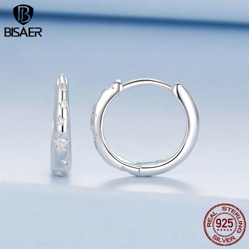 BISAER 925 Sterling Silver Star Hoop Earrings For Woman Pave Setting Zircon Buckles Earrings Plated White Gold Fine Jewelry