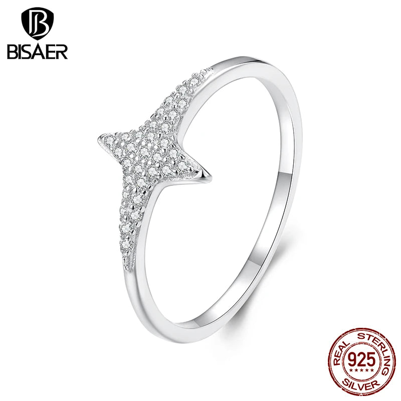 BISAER 925 Sterling Silver Sparkling Star Ring Pavé Setting Zircon Finger Band Plated White Gold for Women Wedding Fine Jewelry