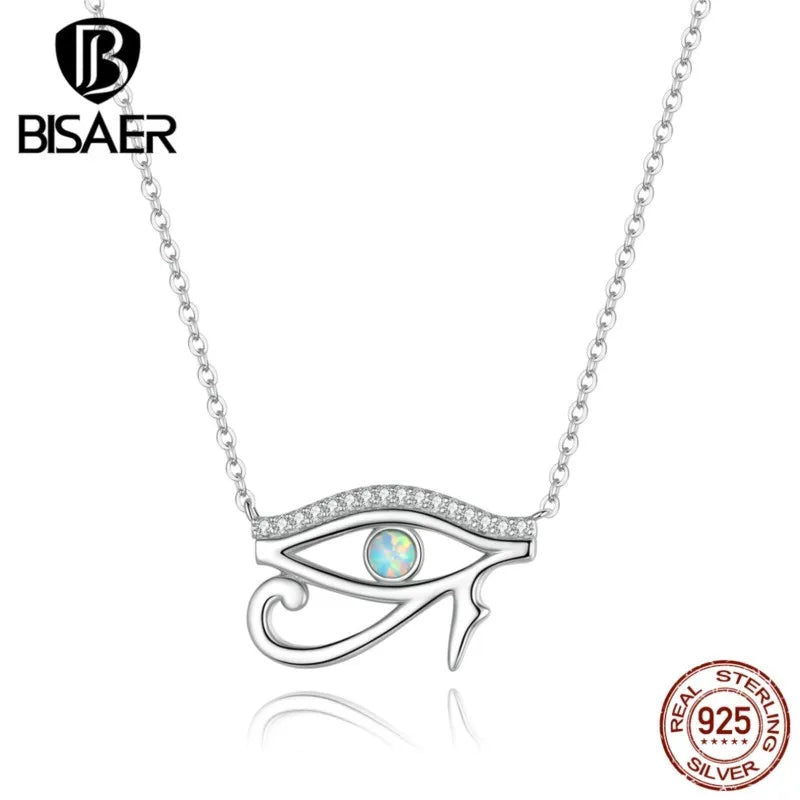 Collar de plata de ley 925 BISAER con colgante de ojo de Horus del Antiguo Egipto, cadena chapada en platino para mujer, joyería fina para fiesta, regalo