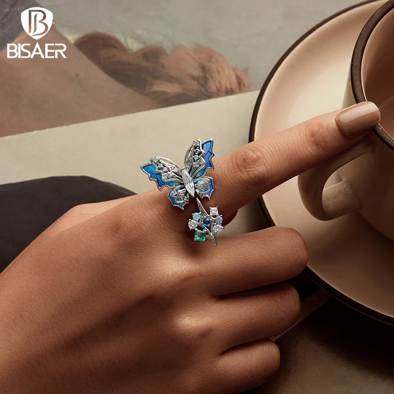 BISAER Big Blue Ice And Snow Butterfly Opening Ring Adjustable  Size 5-9 For Elegant Women Wedding Engagement Jewelry Gift