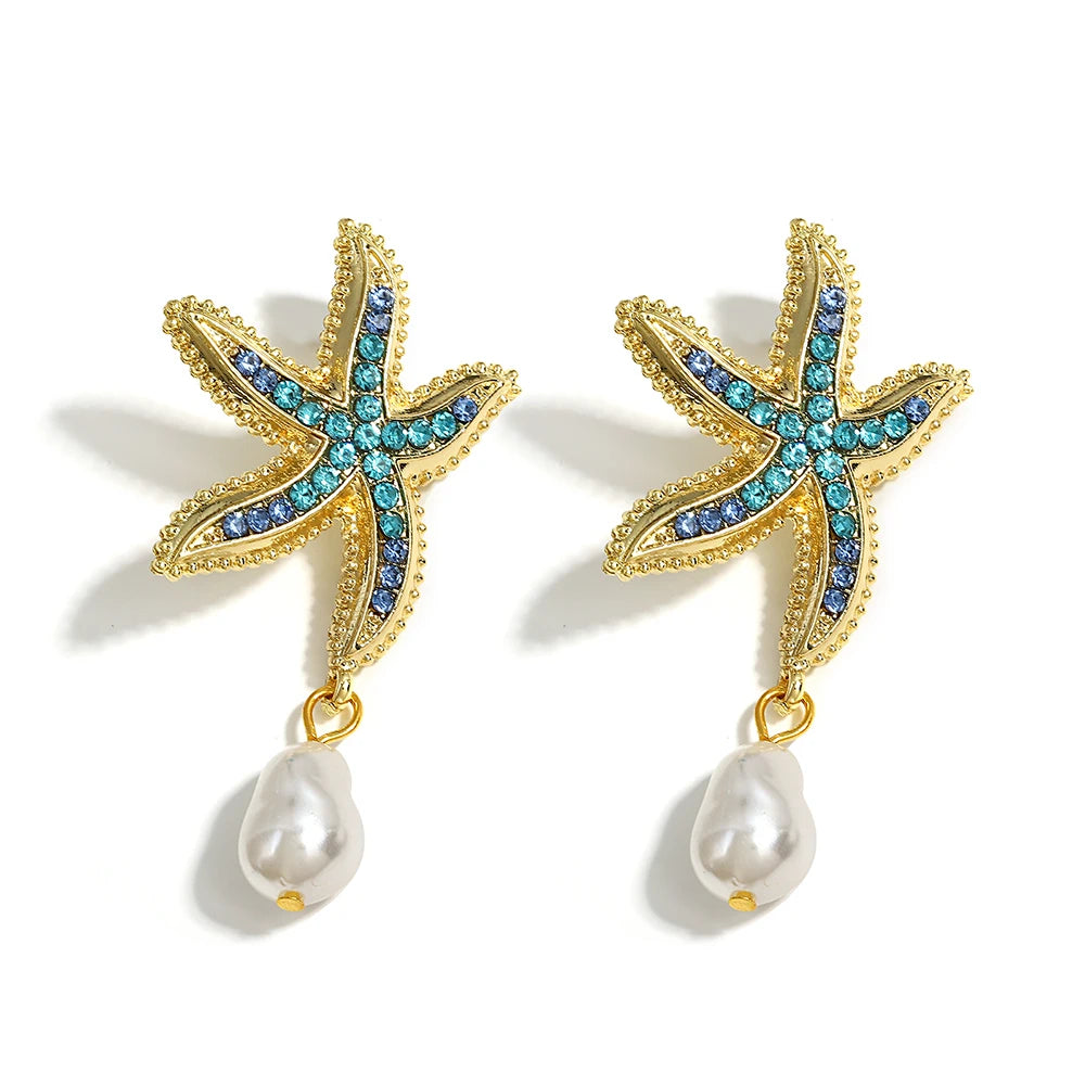 Bohemia Star Fish Earrings Drop Pearl Blue Rhinestones Dangle Earrings for Women Starfish Jewelry Summer Holiday Beach Gifts