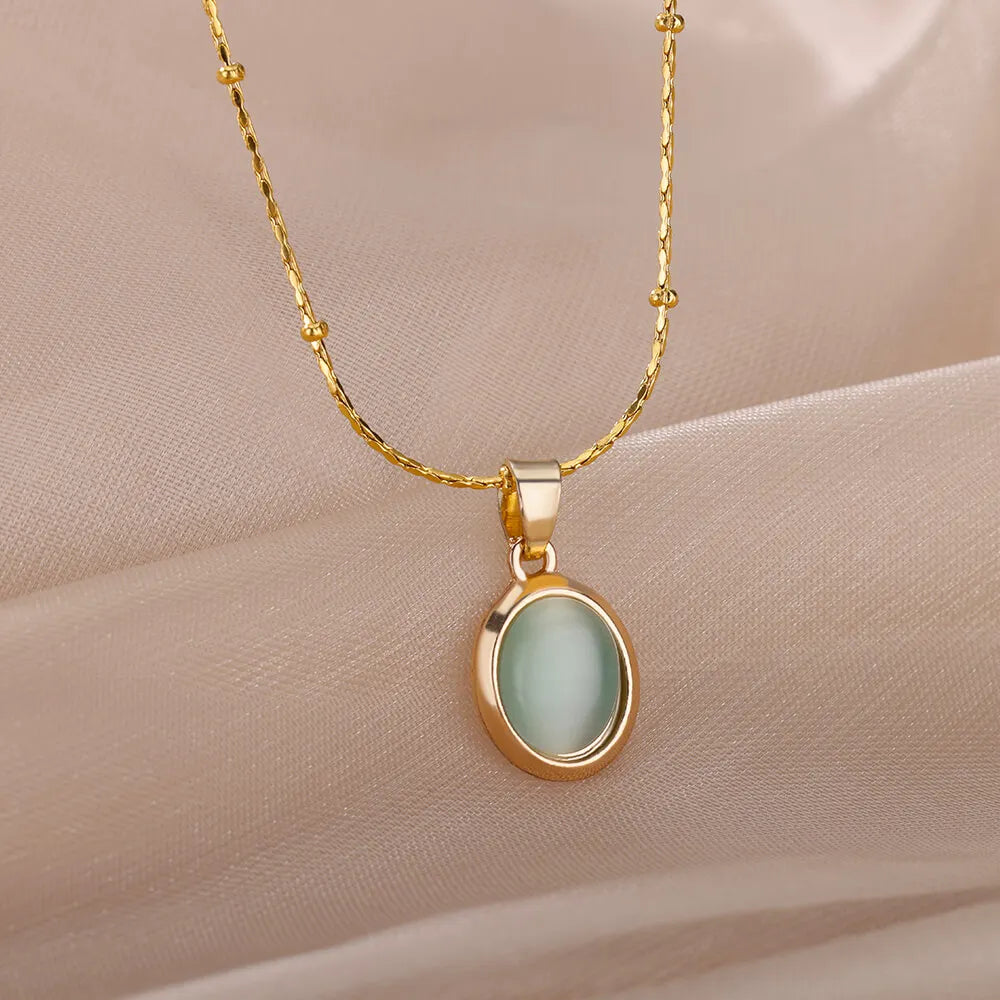 Fashion Stone Opal Oval Necklace For Women Stainless Steel Gold Color Oval Stone Pendant Necklace Wedding Aesthetic Jewelry Gift