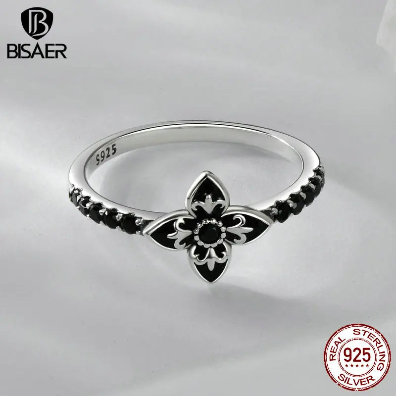 BISAER 925 Sterling Silver Nightfall Flower Ring Statement Black Zircon Band for Woman Party Original Fine Jewelry Gift ECR1075