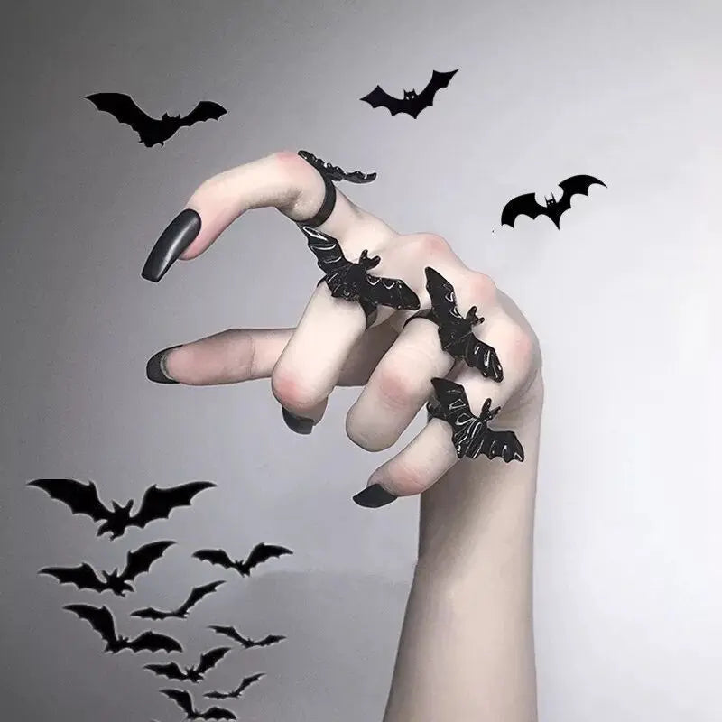 Anillo de murciélago punk de Halloween, anillo de dedo ajustable con alas de vampiro negras góticas