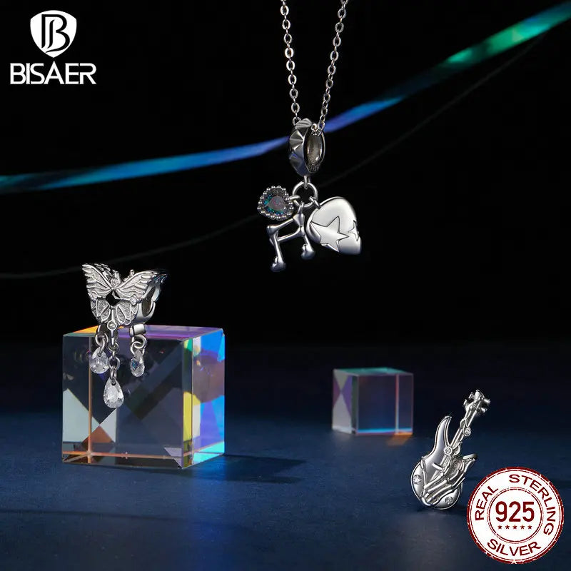 BISAER 925 Sterling Silver Cross Butterfly Pendant Skull Hand Bass Rock Music Charms Beads Fit Woman DIY Bracelet Fine Jewelry