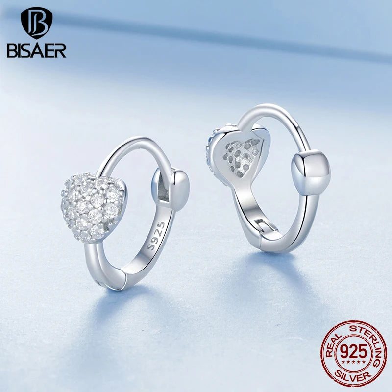 BISAER Real 925 Sterling Silver Heart Zircon Hoop Earrings Round Stud Earring For Women Party Weeding Fine Jewelry Gift EFE1111