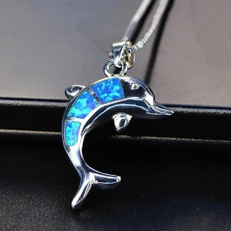 Boho Fashion Sea Animal Dolphin Pendant Necklace for Women Girl Inlay Imitation Blue Opal Necklace Wedding Party Jewelry