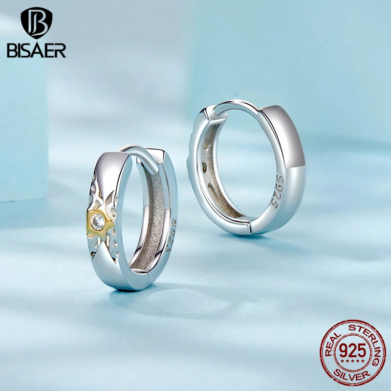 BISAER 925 Sterling Silver Star Hoop Earrinngs Classic Round Stud Earrings Plated Gold for Romantic Women Party Fine Jewelry