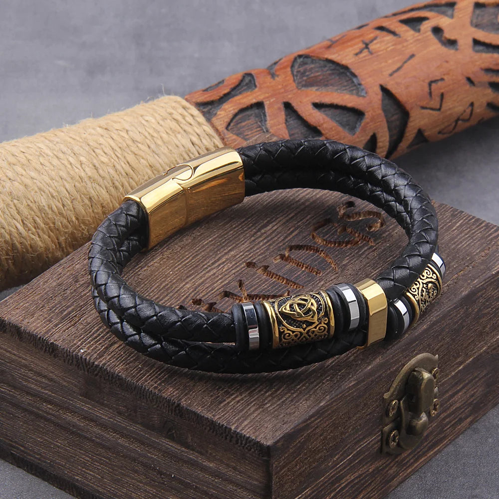 Bracelet en cuir véritable style punk pour homme, style viking, tressé, multicouches, en acier inoxydable, runes nordiques, perles, bijoux pour couple, cadeau