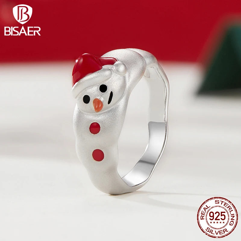 BISAER 925 Sterling Silver Christmas Snowma Ring Enamel Process Band Plated White Gold for Women Party Fine Jewelry Holiday Gift