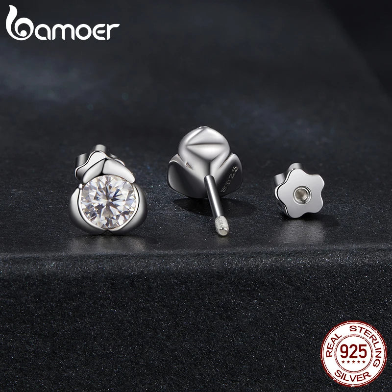 Boucles d'oreilles BAMOER en or blanc plaqué or rose avec moissanite pour femmes, clous d'oreilles en argent sterling 925 avec petites fleurs, cadeau de Noël