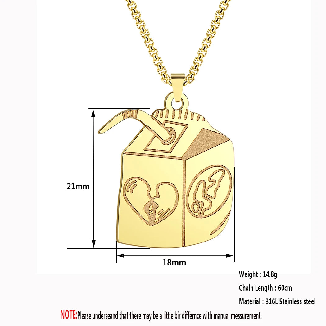 Kinitial Juice Box Stainless Steel Milk Carton Pendant Necklace For Women Charms Hip Hop Streetwear Jewelry Party Gift