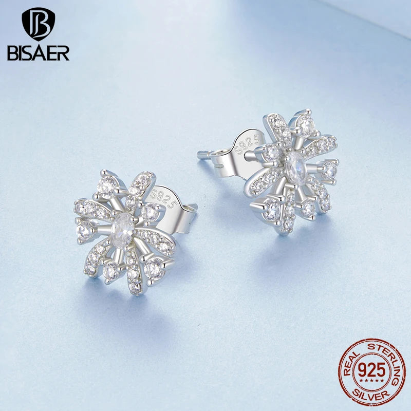 BISAER 925 Sterling Silver Fireworks Stud Earrings Sparkling Stud Ear Plated White Gold for Romantic Women Party Fine Jewelry