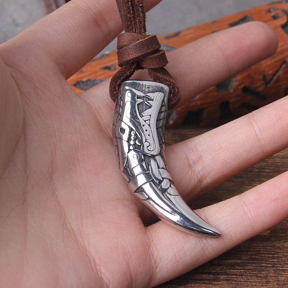 Stainless Steel Wolf Fang Tooth with Carving Patterns Pendant Necklace (+ wooden gift box)