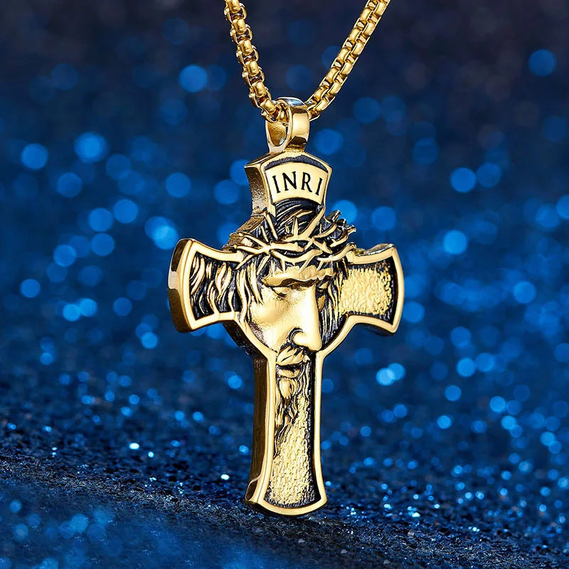 INRI Jesus Cross Religon Amulet Stainless Steel Men Women Necklaces Pendants Chain Punk Trendy Jewelry Creativity Gift Wholesale