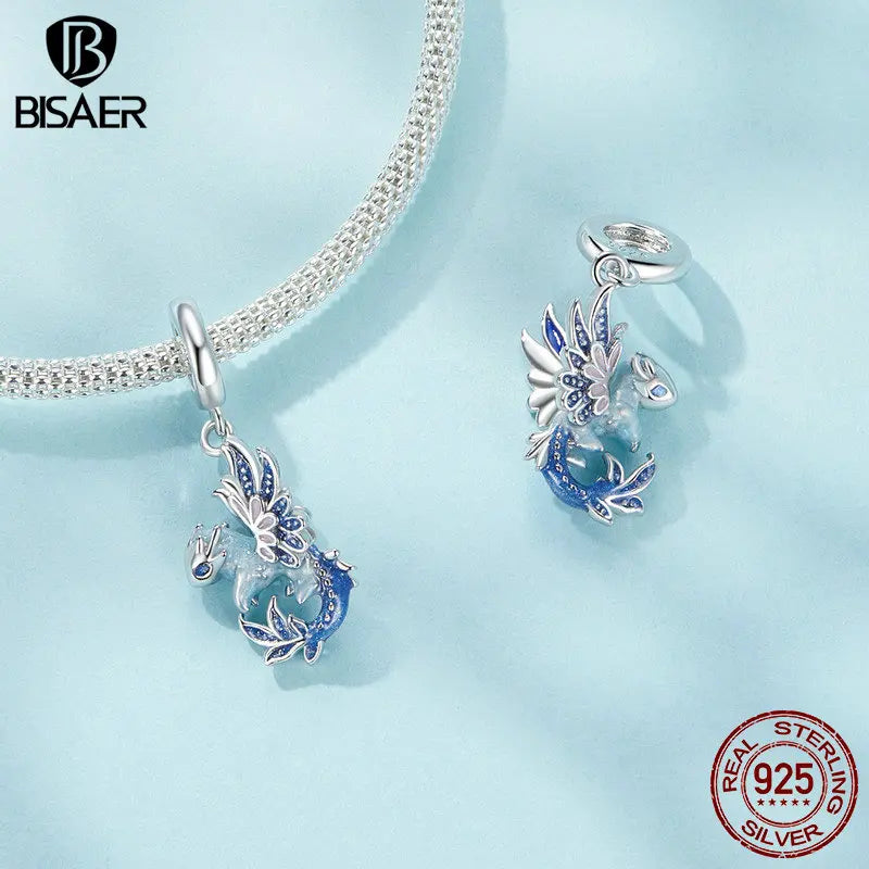 BISAER 100% 925 Sterling Silver Balloon Star Charm Bead Flying Dragon Enamel Pendant Fit Women DIY Bracelet Fine Jewelry Gift