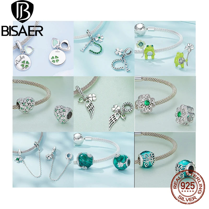 BISAER 925 Sterling Silver Four Leaf Clover Charm Bead Green CZ Pendant Safety Chain Fit Lucky Women DIY Bracelet Fine Jewelry